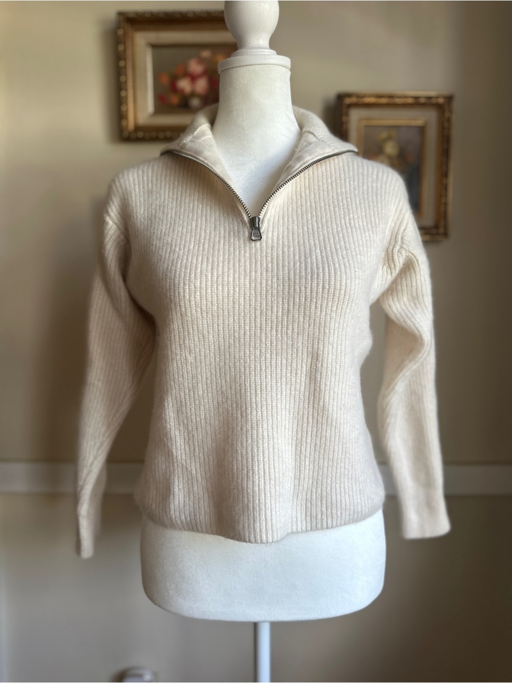 Quince Cream Ribbed Quarter-Zip Turtleneck Sweater | XS